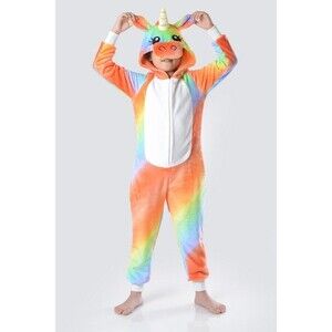 Kids Rainbow Unicorn Costume Bodysuit Soft Sleeper Hood Face Tail Pockets S-L